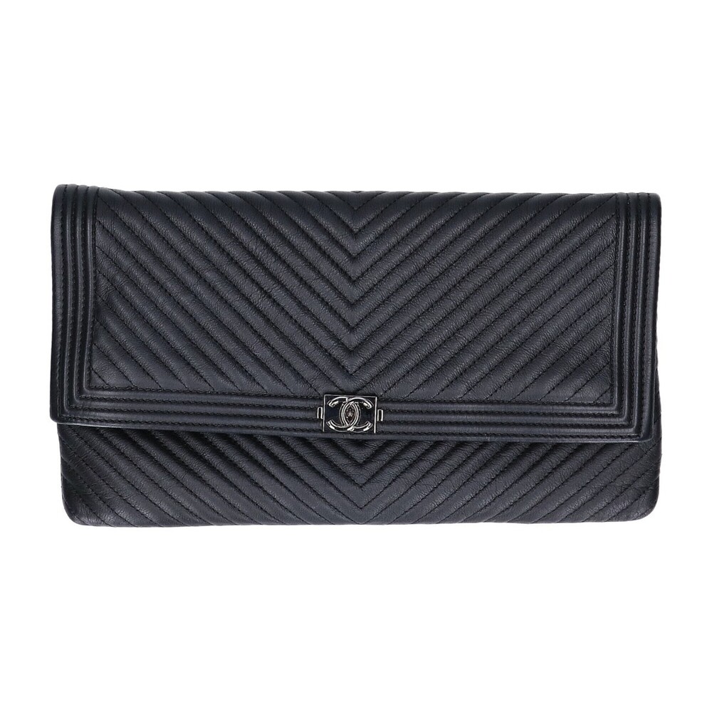 CHANEL Boy Chanel Clutch Bag, Black, Silver Hardware, Women's, Excellent Cond...